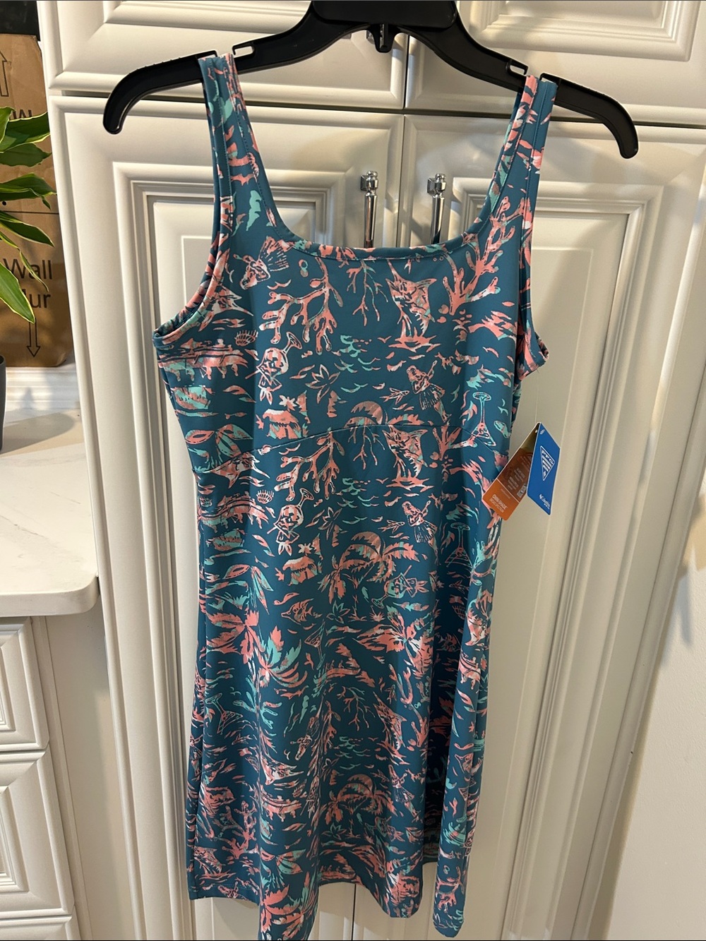 Columbia Teal Mini Dress with Pink Coral Print